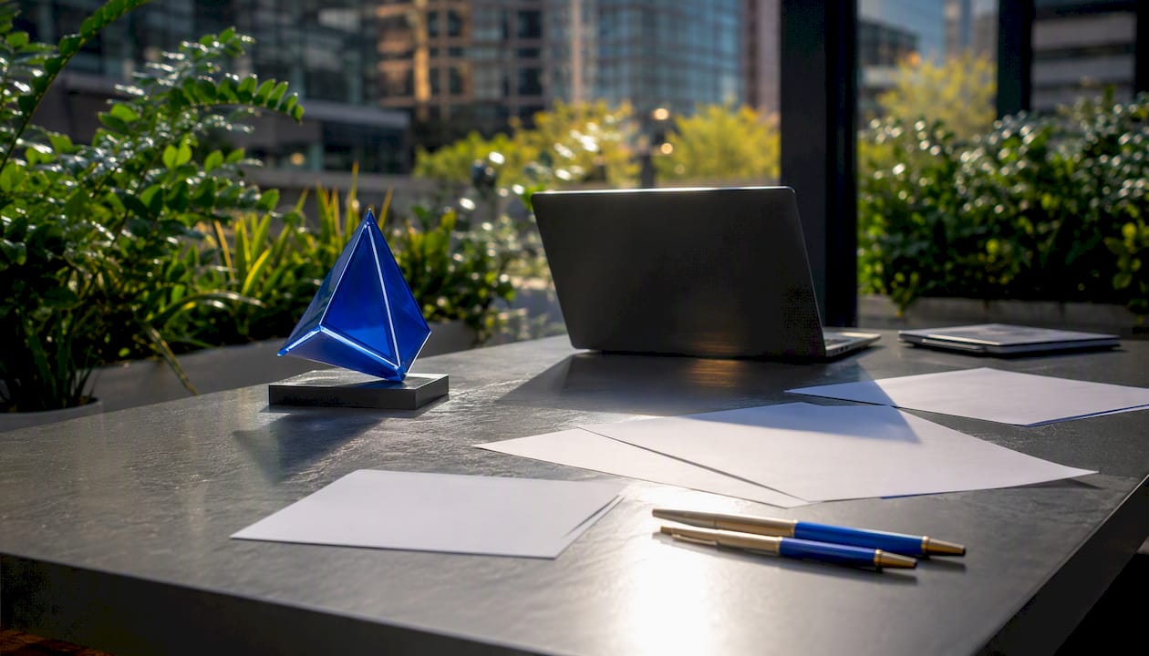 Workspace with social media strategy materials and Blue Prysm logo