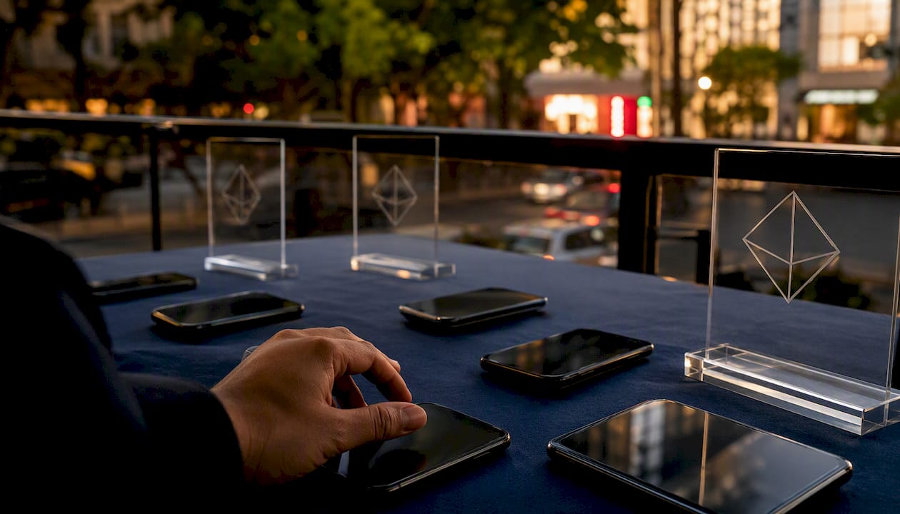 Smartphones and Blue Prysm logos on table