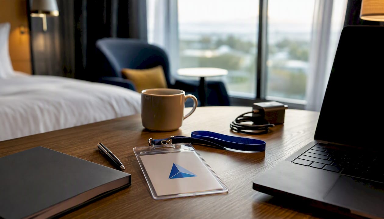 Workspace with conference preparation items and Blue Prysm logo