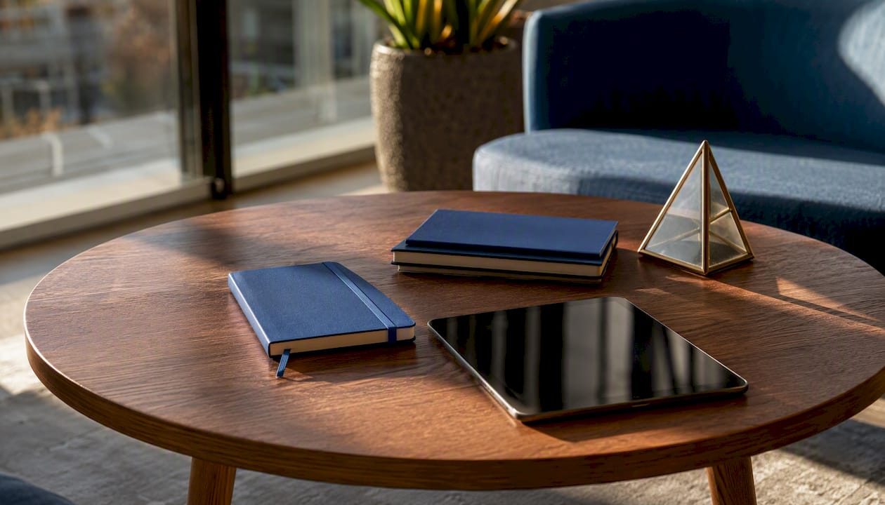 Table with Blue Prysm folders and logo plaque