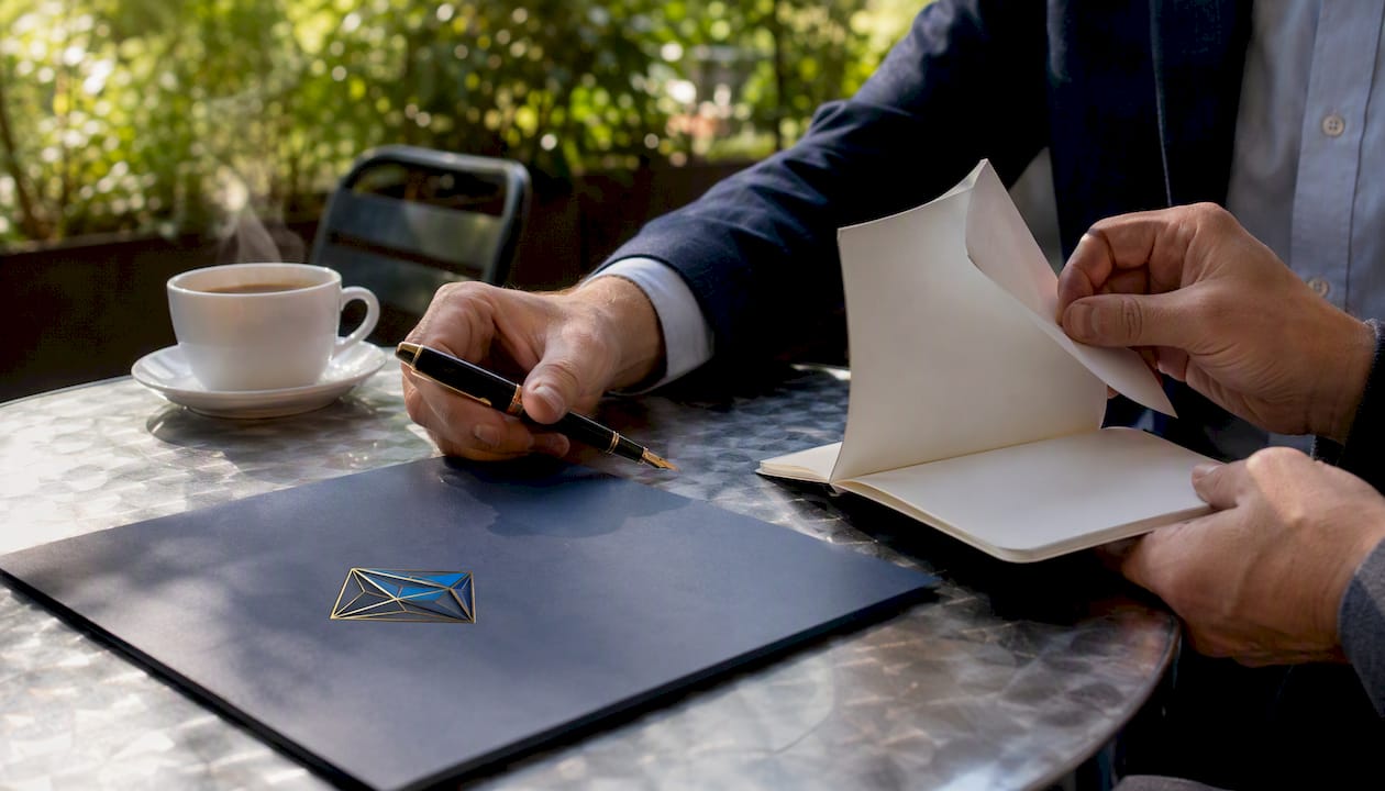 Hands arranging folders and pens with Blue Prysm logo