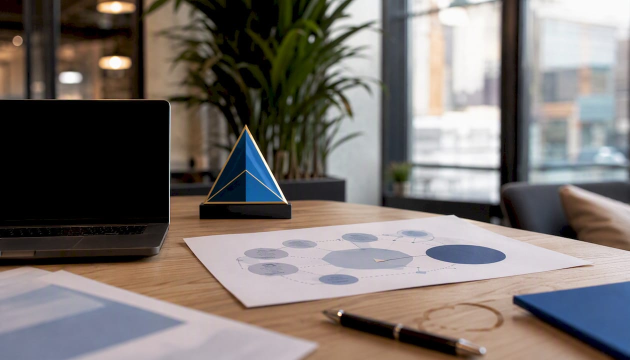 Desk with competitor chart and logo plaque