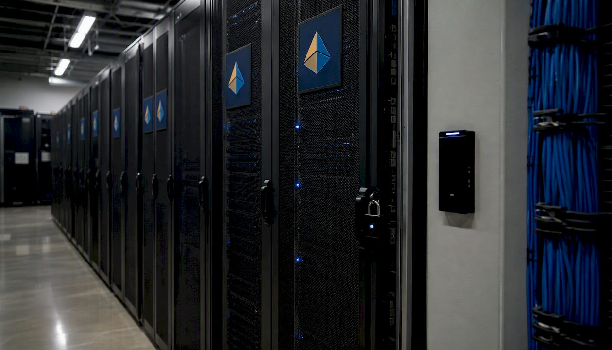 Data center racks with security features and logo plaques