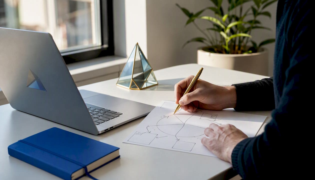 Hands sketching market sizing funnel at desk