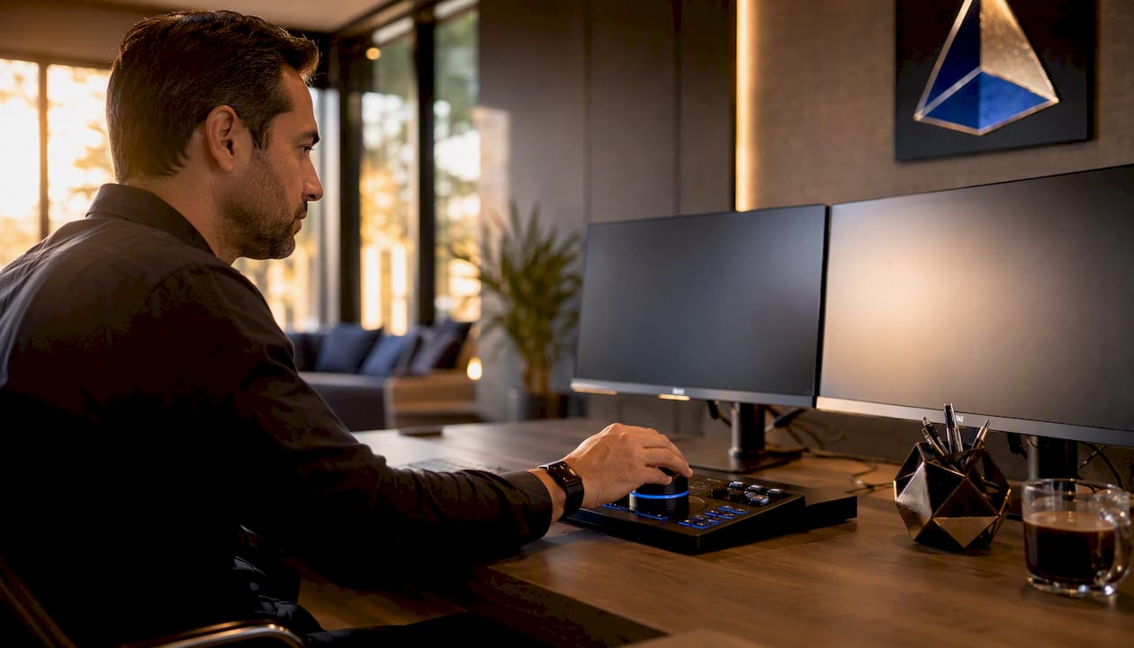 Hands adjusting data controls at workspace
