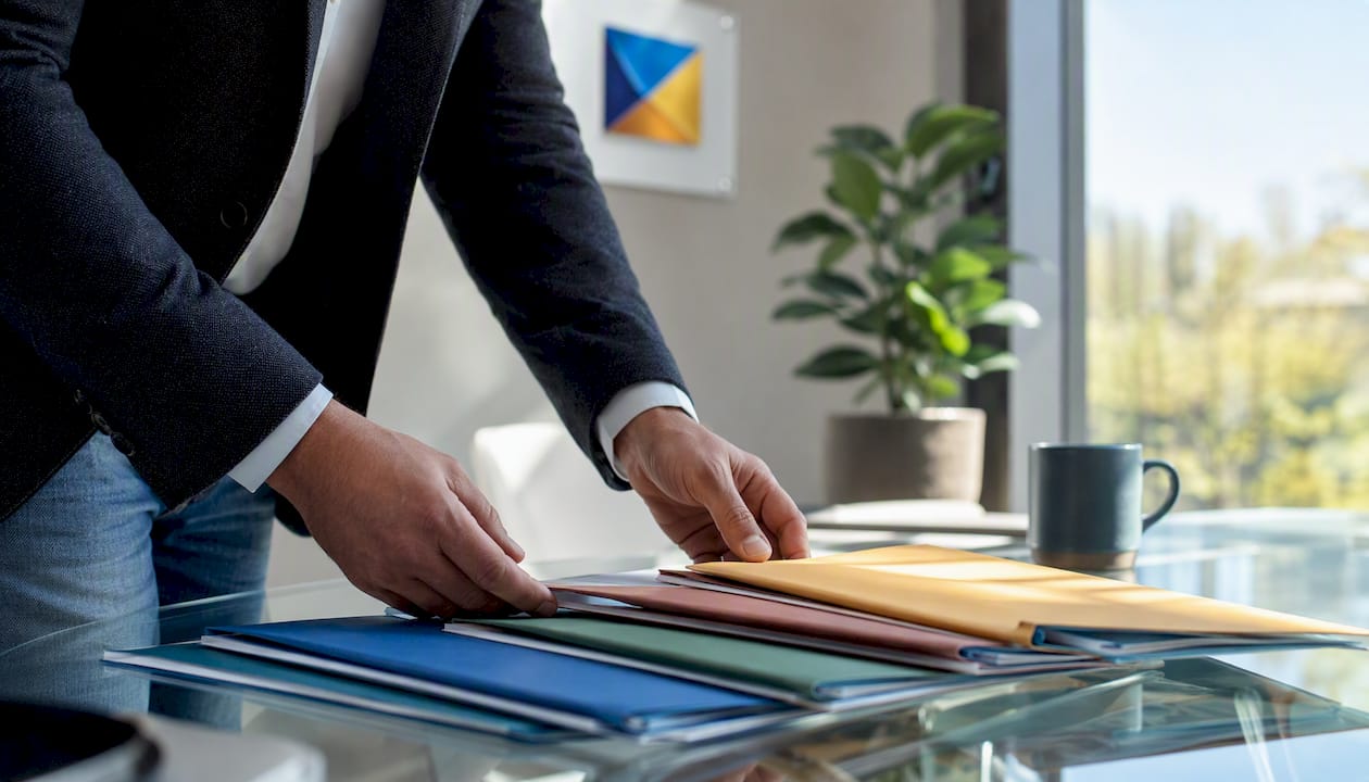 Business owner arranging competitor profiles on a table
