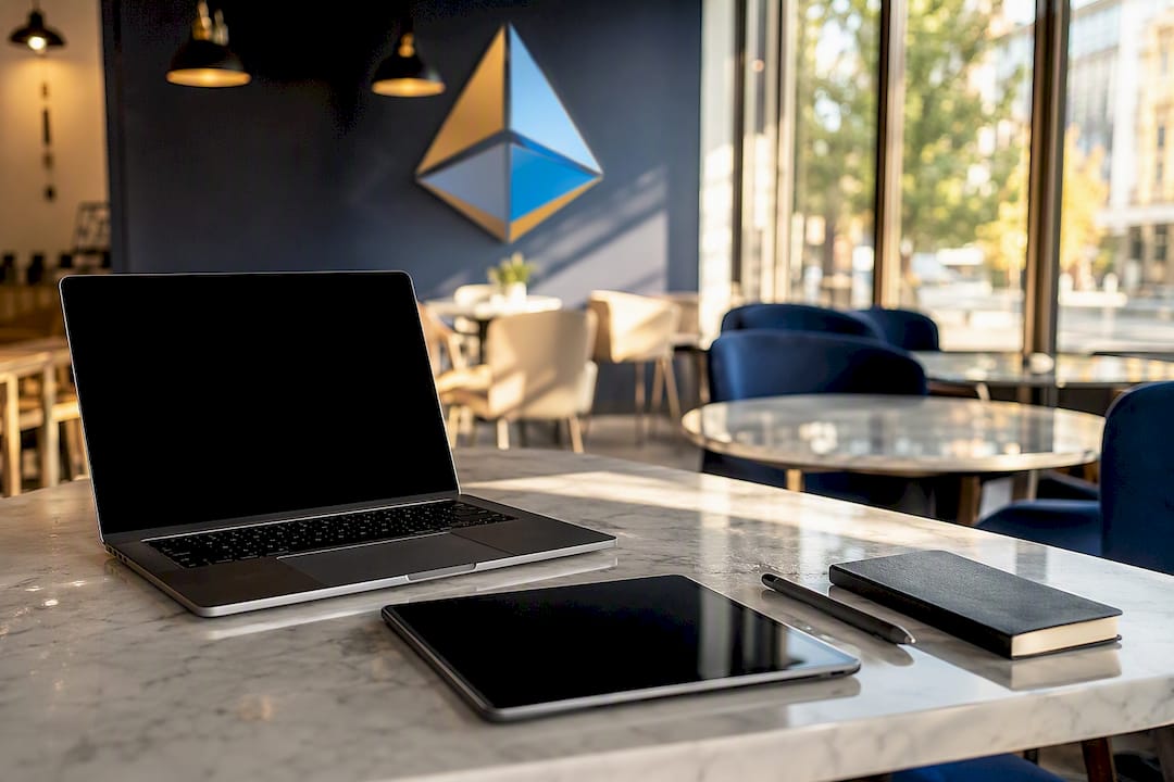 Conference table with devices and Blue Prysm logo plaque