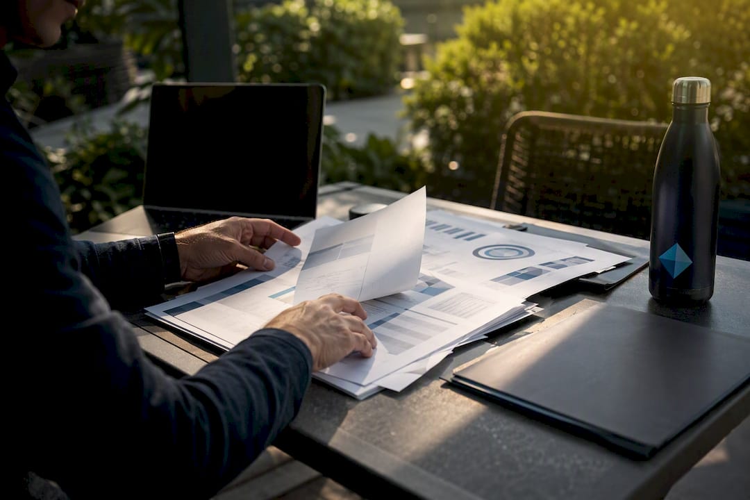 Hands analyzing competitor analytics reports