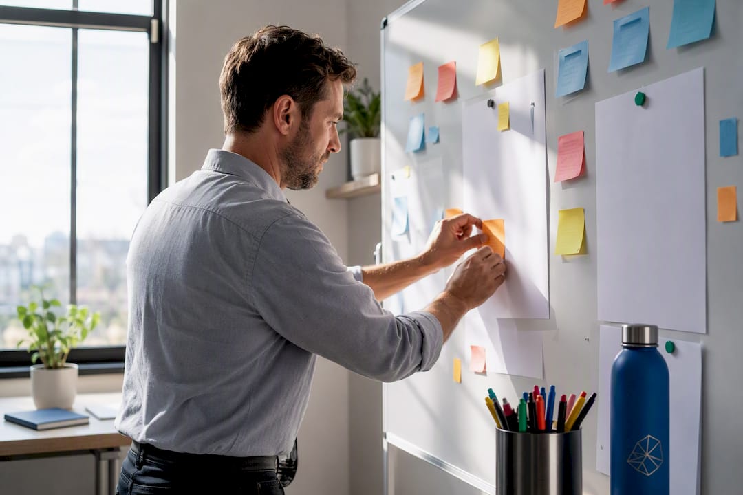 Workspace with strategic planning tools and logo