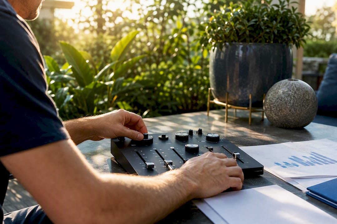 Hands adjusting pricing tools on desk