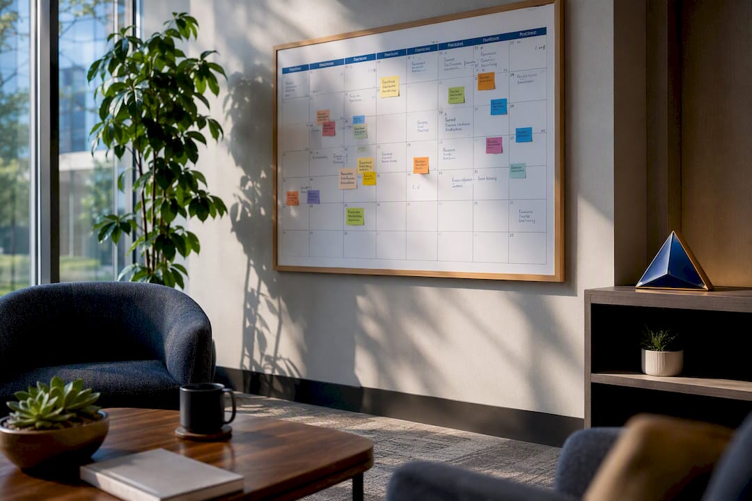 Close-up of calendar planner with strategy markings