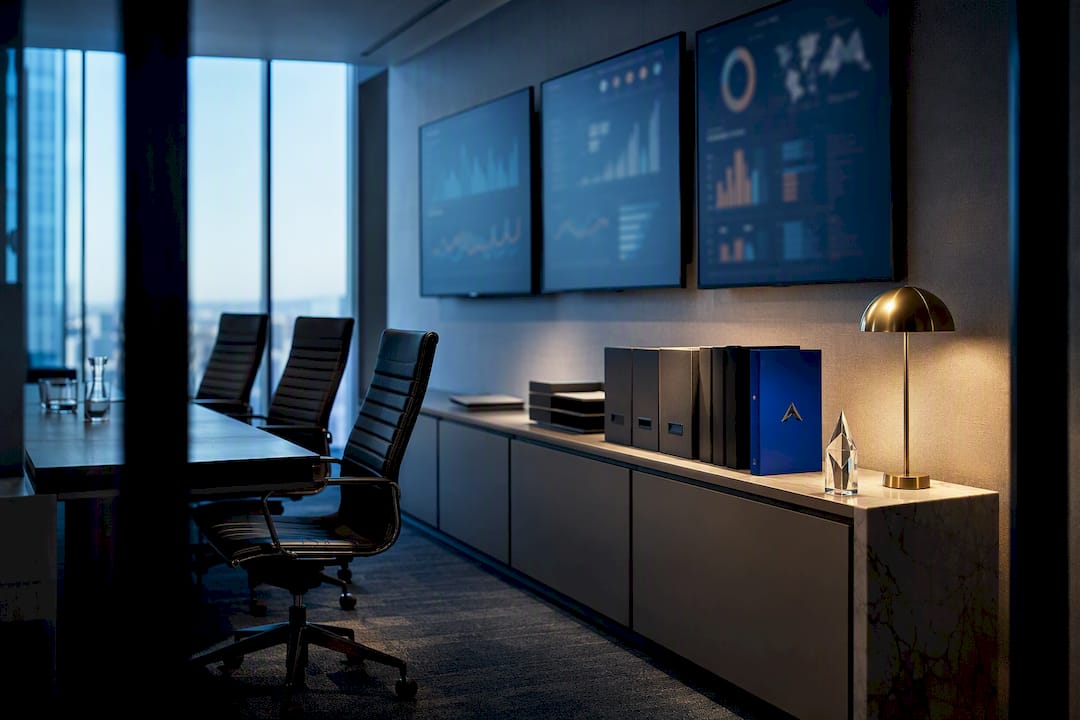 Strategic audit room with KPI displays