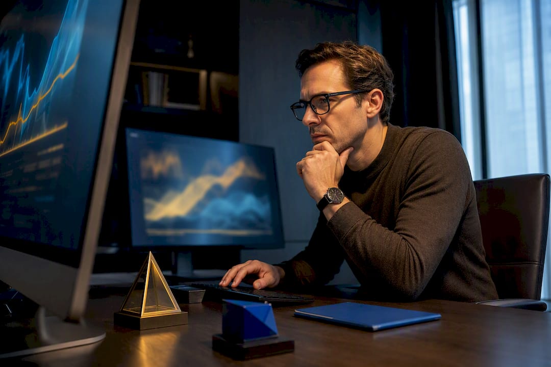 AI market intelligence workstation with abstract screens