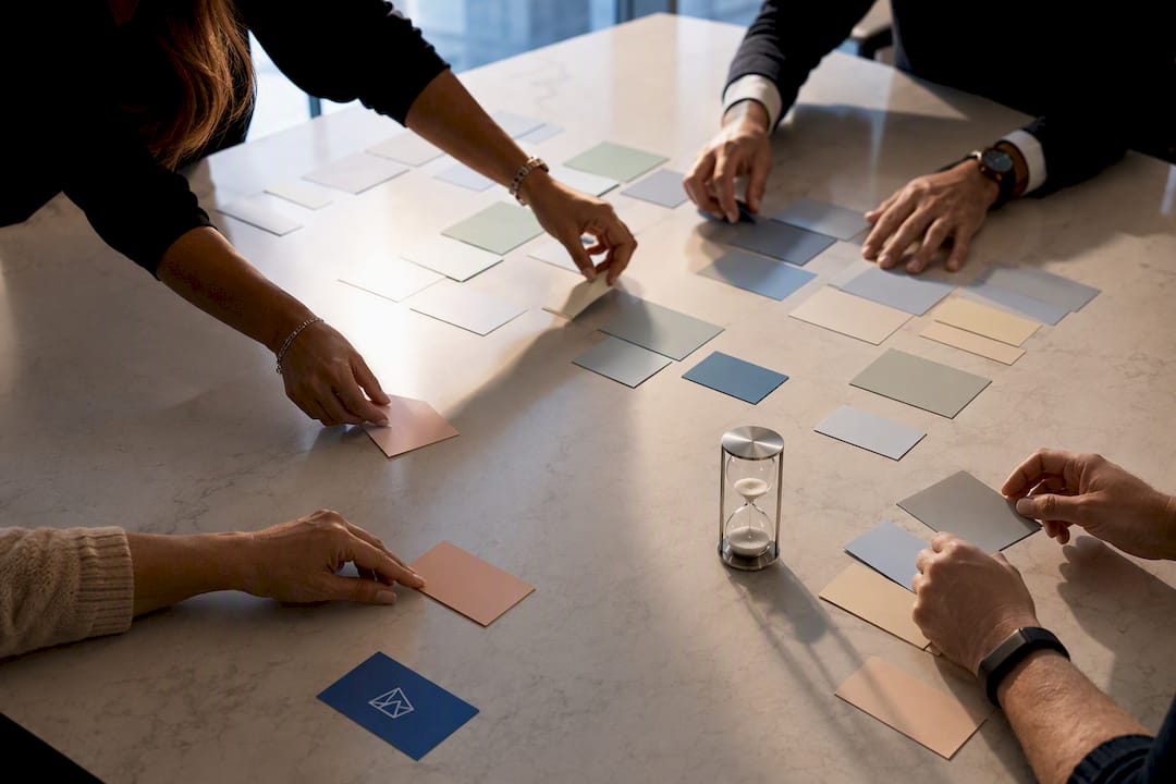 Hands arranging strategic roadmap initiatives