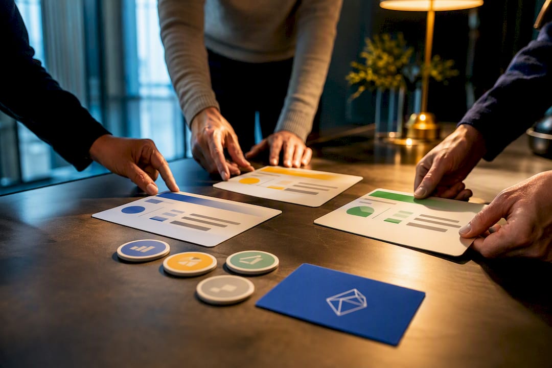 Marketing team arranging quarterly objective cards