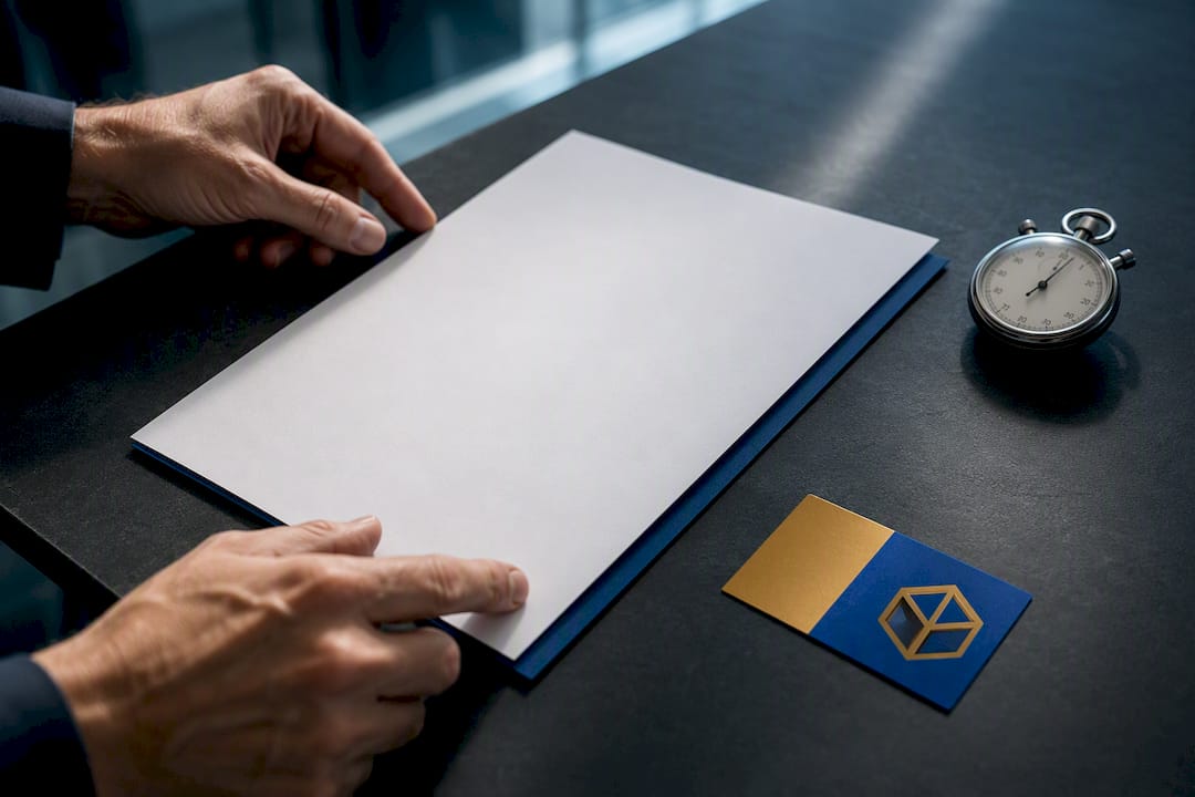 Executive briefing sheet beside a stopwatch