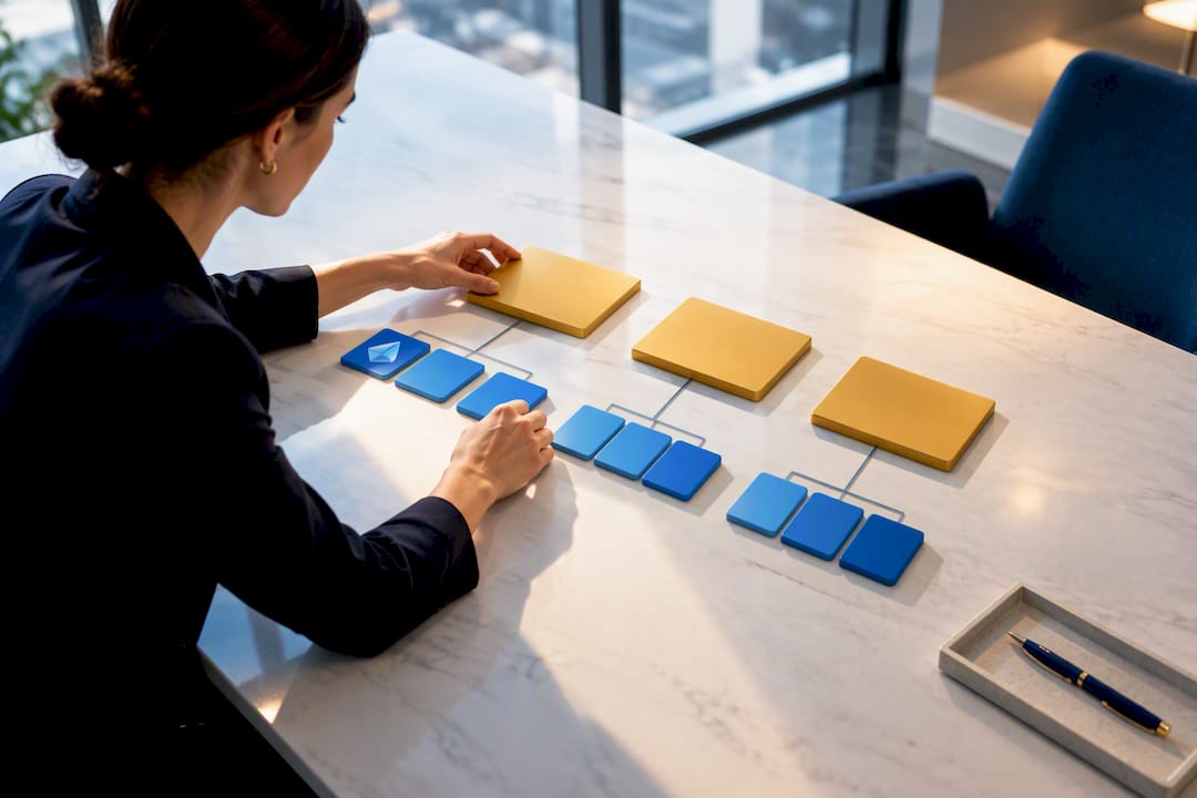 Outcome tiles arranged in an OKR cascade