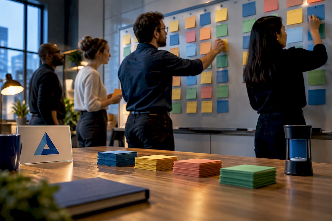 Team arranging cards in business war room