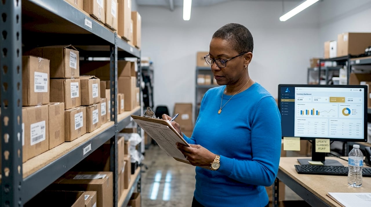 Operations manager checks store inventory levels