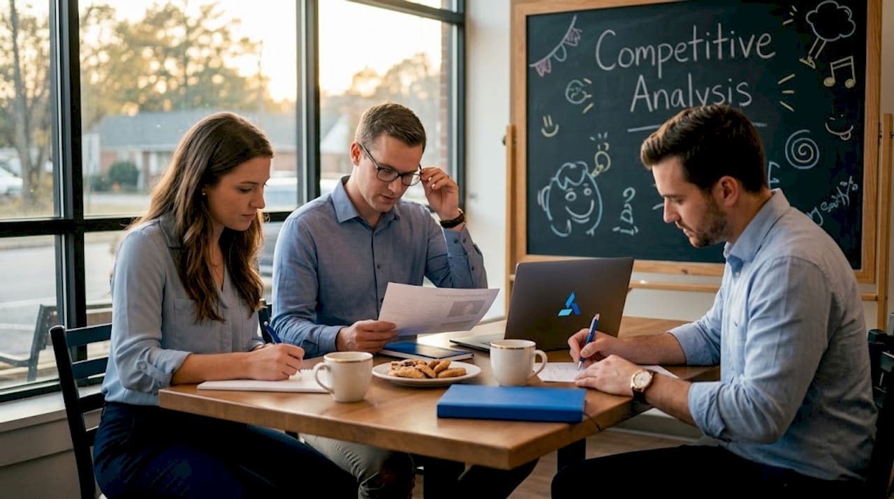 Team reviewing competitor profiles at conference table