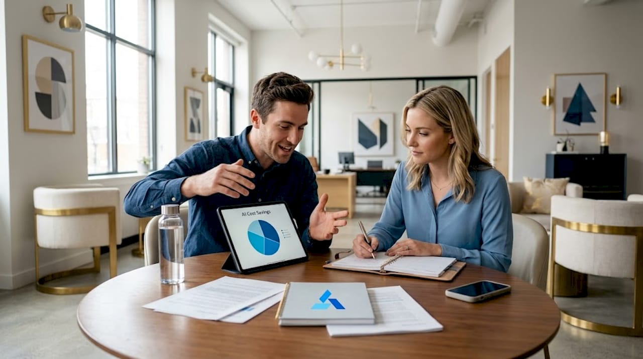 Colleagues review AI-driven business report