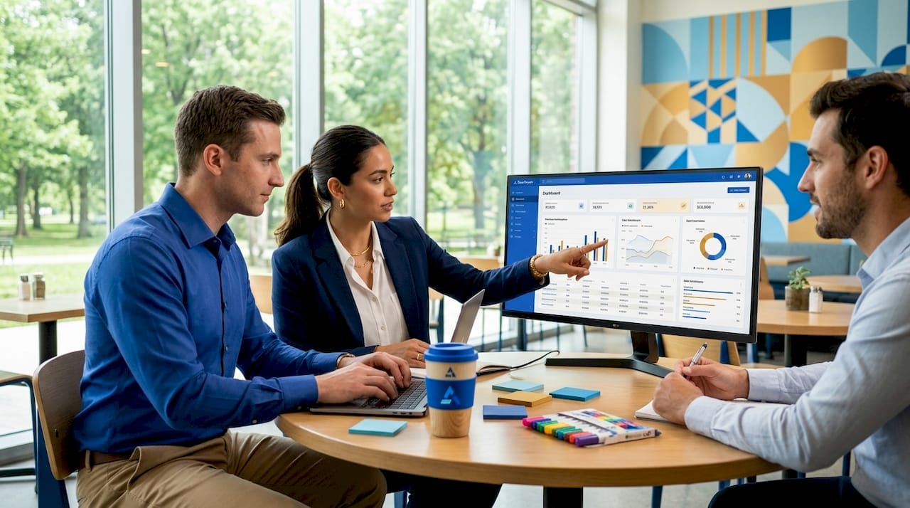 Team collaborating on business data dashboard